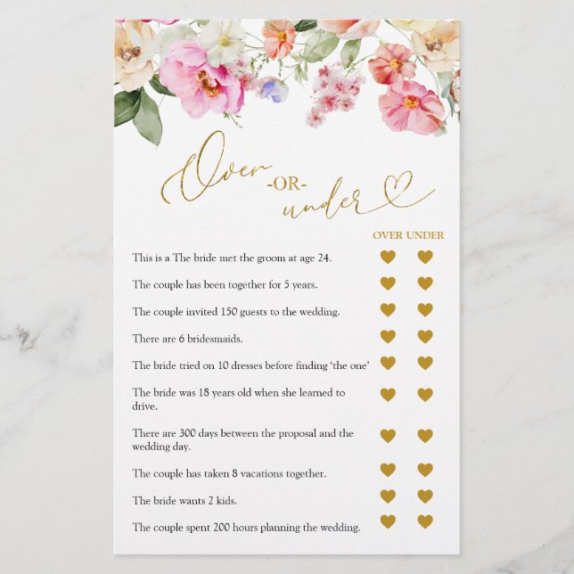 Love In Bloom Over or Under Games Card (Front)