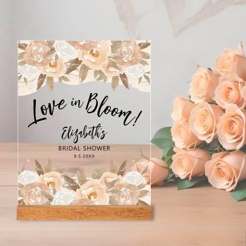 Love in Bloom Peach Flowers Bridal Shower Acrylic Sign