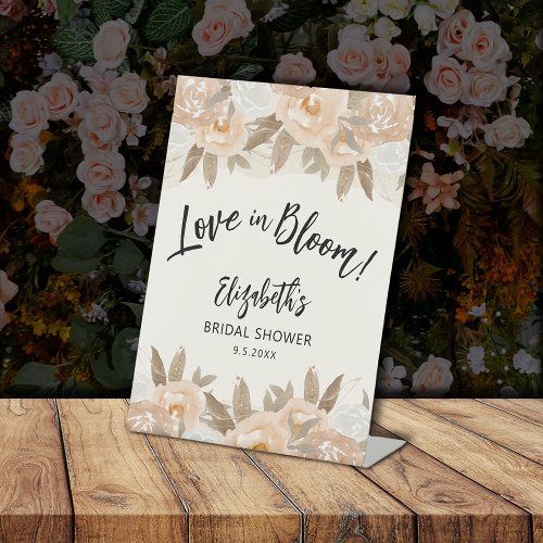 Love in Bloom Peach Flowers Bridal Shower Pedestal Sign