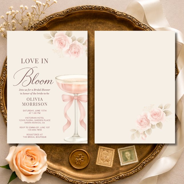 Love in Bloom Pink Champagne Bow Bridal Shower Invitation (Creator Uploaded)