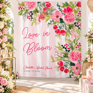 Love in Bloom Pink Floral Stripes Bridal Shower Tapestry