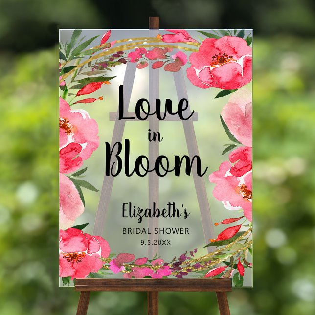 Love in Bloom Pink Flowers Bridal Shower Acrylic Sign (Love in Bloom pink floral border bridal shower acrylic s
sign)