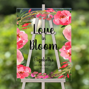 Love in Bloom Pink Flowers Bridal Shower Acrylic Sign