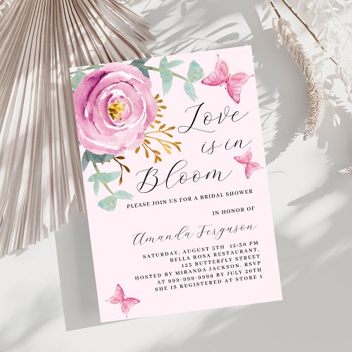 Love in Bloom pink rose butterfly Bridal Shower Invitation