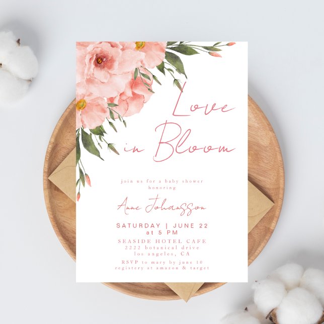 Love In Bloom Pink Roses Flowery Baby Shower Invitation (Creator Uploaded)