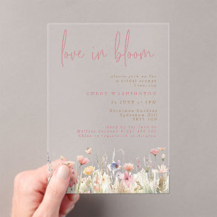 Love in Bloom Pink Wild Flowers Bridal Shower Acrylic Invitations