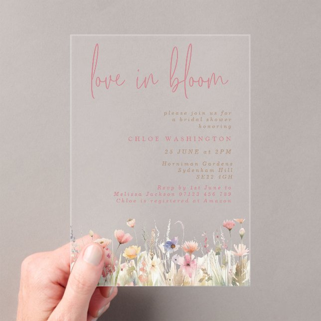 Love in Bloom Pink Wild Flowers Bridal Shower Acrylic Invitations (Insitu (Handheld))