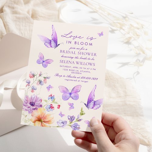 Love in Bloom Purple Butterflies Bridal Shower Invitation