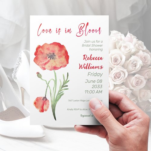 Love in Bloom Red Watercolor Floral Bridal Shower Invitation