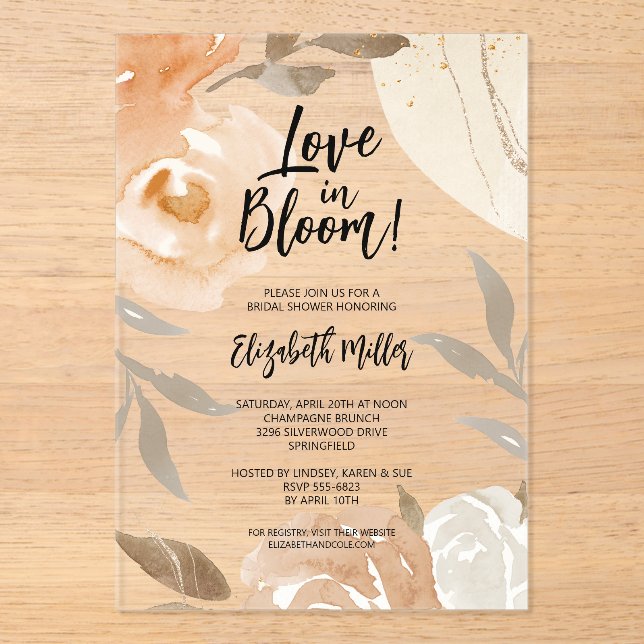 Love in Bloom Rustic Flowers Bridal Shower Acrylic Invitations (Front)
