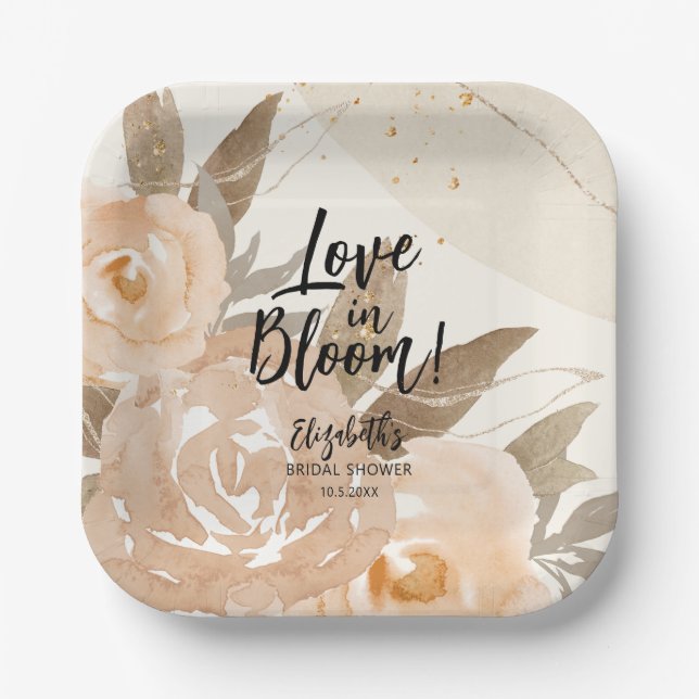 Love in Bloom Rustic Peach Flowers Paper Plates (Front)