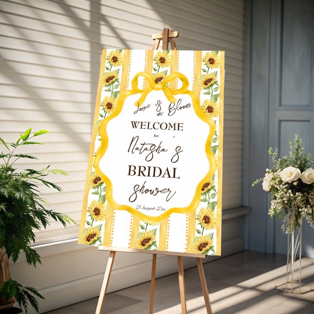 Love in bloom sunflower bridal shower welcome sign (Love in bloom sunflower bridal shower welcome sign board retro bow wavy border welcome board)