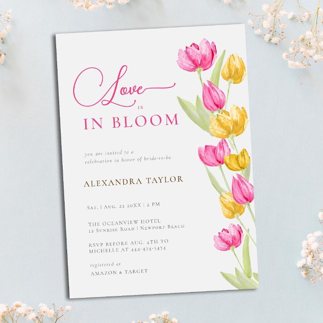 Love in Bloom Tulips Calligraphy Bridal Shower Invitation (Creator Uploaded)