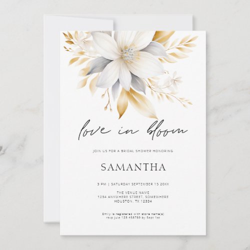Love In Bloom White Gold Florals Bridal Shower  Invitation