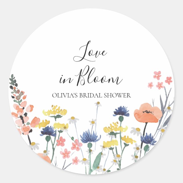 Love in Bloom Wildflower bridal shower Classic Round Sticker (Front)