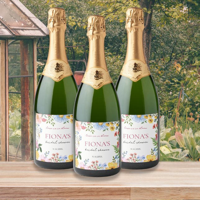 Love in Bloom Wildflower Bridal Shower Modern Sparkling Wine Label (Love in bloom bridal shower personalized wine champagne labels)