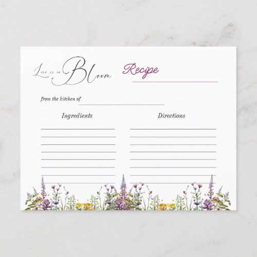 Love in Bloom Wildflower Bridal Shower Recipe Card