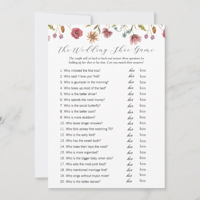Love in Bloom Wildflower Wedding Shoe Game Card (Front)