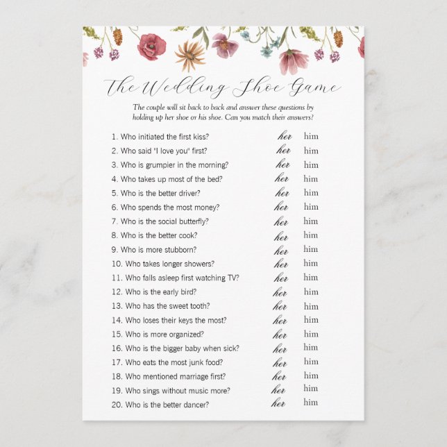 Love in Bloom Wildflower Wedding Shoe Game Card (Front)