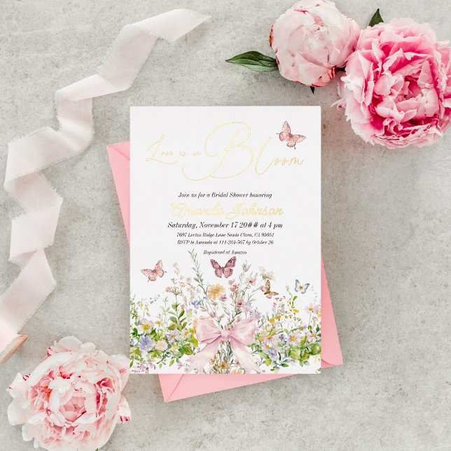 Love in Boom Wildflower Pink Bow Bridal Shower Foil Invitation (Creator Uploaded)