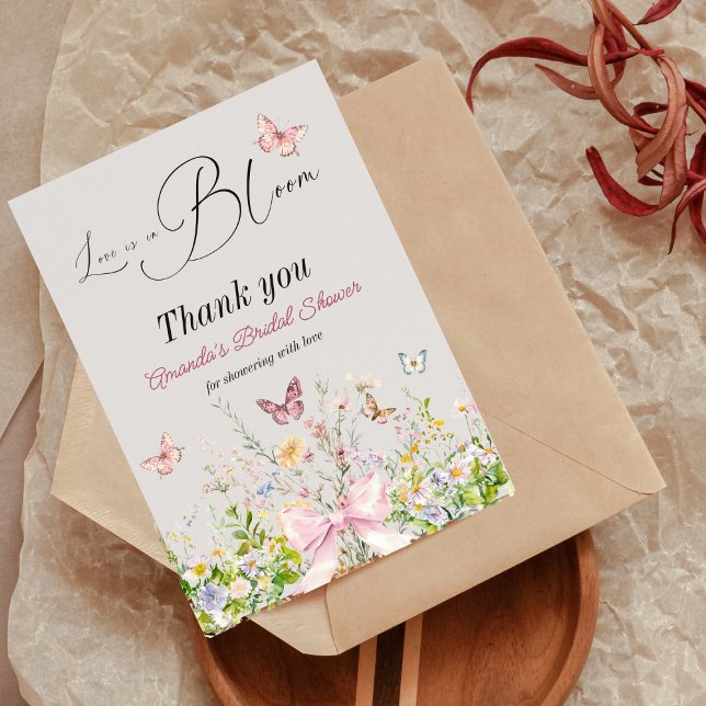Love in Boom Wildflower Pink Bow Bridal Shower Thank You Card (Creator Uploaded)