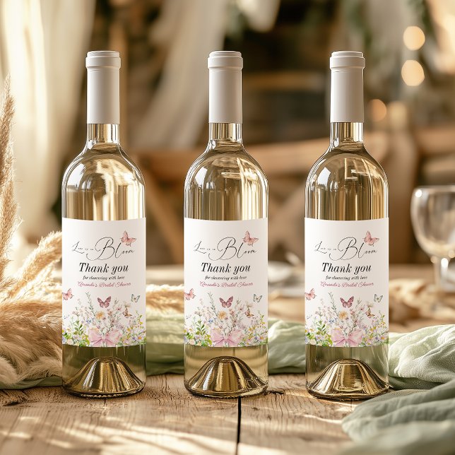 Love in Boom Wildflower Pink Bow Bridal Shower Wine Label (Creator Uploaded)