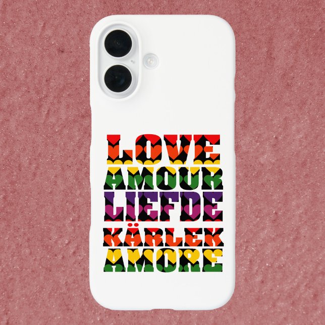 Love in Different Languages Dark Rainbow Case-Mate iPhone Case (A phone case that says love in different languages with rainbow hearts.)