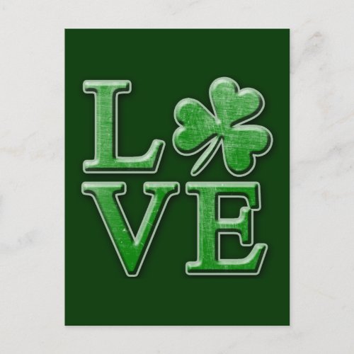 LOVE in Distressed Green Font wShamrock Postcard
