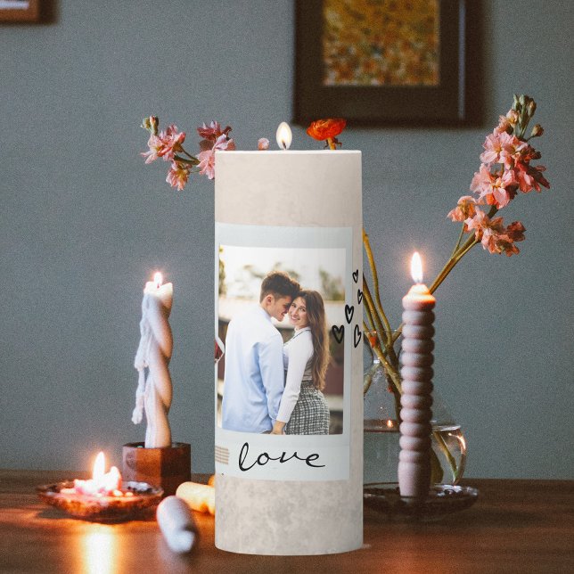 Love in Elegant Script Photo with Heart  Pillar Candle (Creator Uploaded)