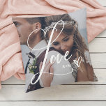 Love in Elegant Script | Two Photo with Heart Throw Pillow<br><div class="desc">This beautiful pillow features the word "Love" in elegant, swirly calligraphy script, with two of your favorite photos and a handwritten scribbled heart. You can add your initials or monogram, or the name of any loved ones such as your mom, grandma, family, or spouse. Also makes the perfect wedding keepsake...</div>