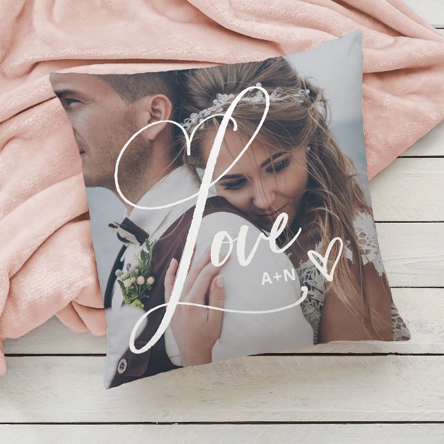 Love in Elegant Script | Two Photo with Heart Throw Pillow (Creator Uploaded)