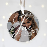 Love in Elegant Script | Two Photos with Heart Ceramic Ornament<br><div class="desc">This beautiful Christmas ornament features the word "Love" in elegant, swirly calligraphy script, with two of your favorite photos and a handwritten scribbled heart. You can add your initials or monogram, or the name of any loved ones such as your mom, grandma, family, or spouse. Also makes the perfect holiday...</div>