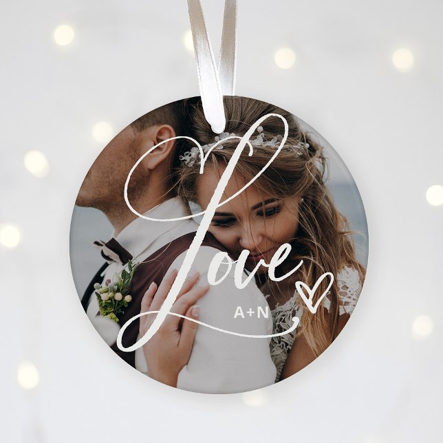 Love in Elegant Script | Two Photos with Heart Ceramic Ornament (An elegant Christmas holiday keepsake with two photos for your loved ones)