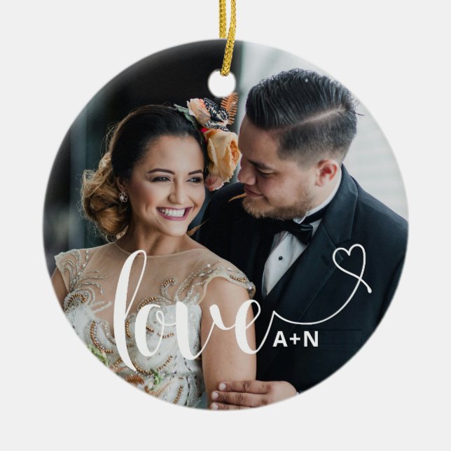 Love in Elegant Script | Two Photos with Heart Ceramic Ornament (Front)