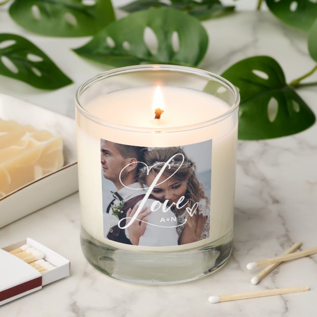 Love in Elegant Script | Two Photos with Heart Scented Candle (Lit)