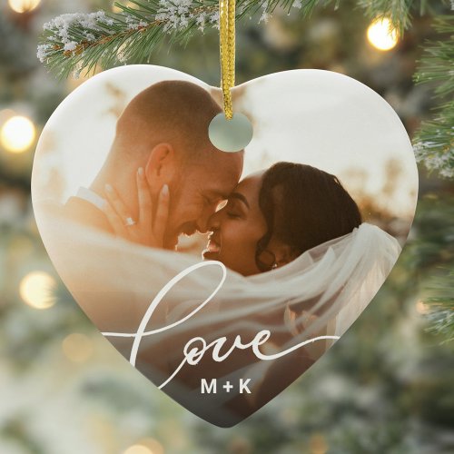 Love in Elegant Script Wedding Photo Ceramic Ornament