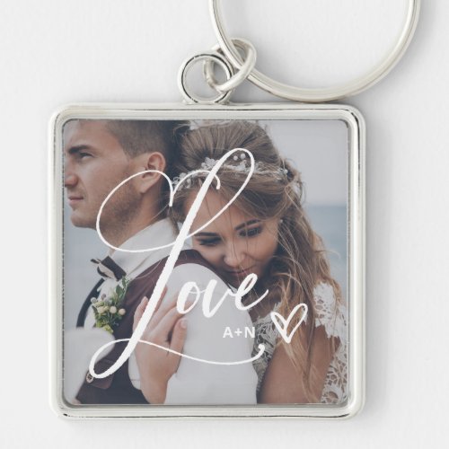 Love in Elegant Script  Your Photo with Heart Keychain
