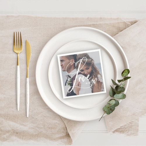 Love in Elegant Script  Your Photo with Heart Napkins