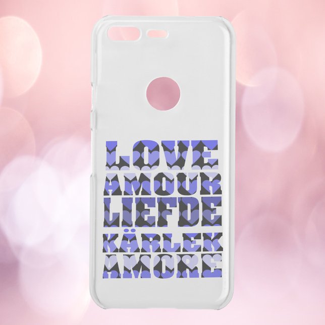 Love in Foreign Languages Blue Hearts Uncommon Google Pixel Case (A phone case with the word love in English, French,Dutch, Swedish and Italian with blue hearts.)