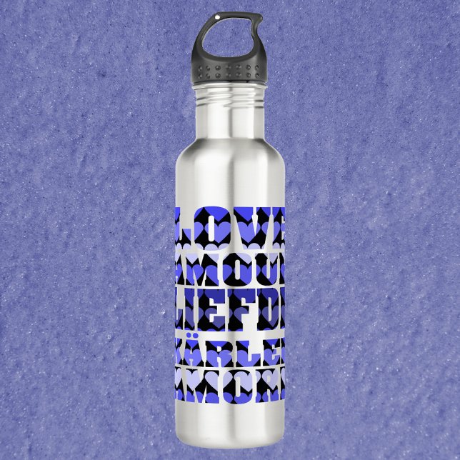 Love in Foreign Languages Hearts Blue Stainless Steel Water Bottle (A water bottle that says love in a variety of languages with a blue heart pattern.)