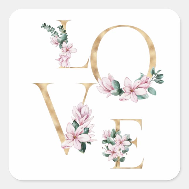 Love in gold letter with magnolia flowers square sticker (Front)