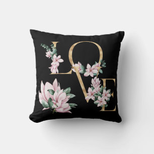 Love in gold letter with magnolia flowers throw pillow