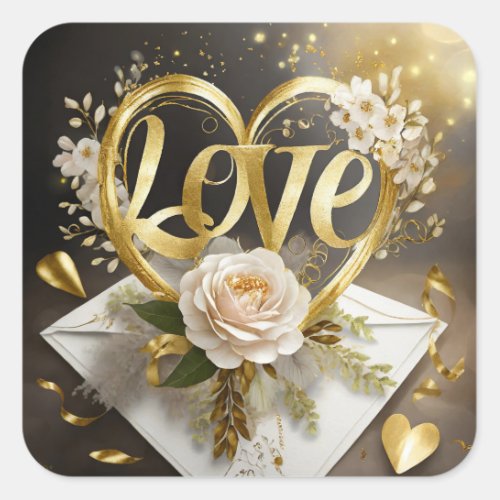 Love in gold letters with flower and envelope Square Sticker