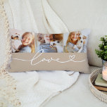 Love in Heart Script Beige Custom 3 Photo Collage Lumbar Pillow<br><div class="desc">Modern and stylish custom lumbar throw pillow design features a photo collage of three (3) favorite photos with a simple and minimal white "Love" typography design that includes flourish and heart details. The neutral gray-ish beige and white colors can be modified.</div>