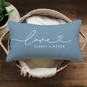 Love in Heart Script Dusty Blue Custom Monogram Lumbar Pillow