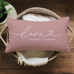 Love in Heart Script Dusty Rose Custom Typography Lumbar Pillow<br><div class="desc">Modern and stylish custom lumbar throw pillow design features a simple and minimal "Love" typography design that includes flourish and heart details. Personalize the uppercase text below with a monogram for a couple or family, a quote, or other preferred text. The dusty neutral rose dust pink and white colors can...</div>