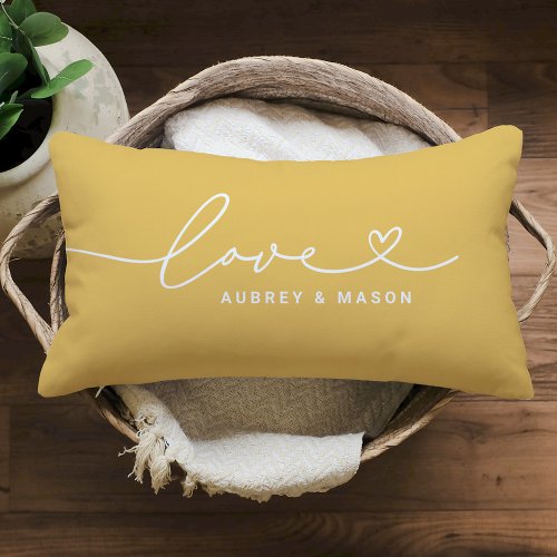 Love in Heart Script Golden Yellow Custom Monogram Lumbar Pillow