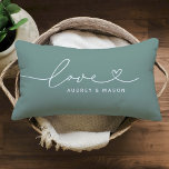 Love in Heart Script Green Custom Monogram Lumbar Pillow<br><div class="desc">Modern and stylish custom lumbar throw pillow design features a simple and minimal "Love" typography design that includes flourish and heart details. Personalize the uppercase text below with a monogram for a couple or family,  a quote,  or other preferred text. The gray green and white colors can be modified.</div>