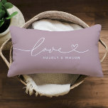 Love in Heart Script Lilac Custom Monogram Lumbar Pillow<br><div class="desc">Modern and stylish custom lumbar throw pillow design features a simple and minimal "Love" typography design that includes flourish and heart details. Personalize the uppercase text below with a monogram for a couple or family, a quote, or other preferred text. The lilac light muted pink-ish purple and white colors can...</div>