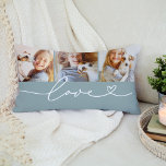 Love in Heart Script Mist Custom 3 Photo Collage Lumbar Pillow<br><div class="desc">Modern and stylish custom lumbar throw pillow design features a photo collage of three (3) favorite photos with a simple and minimal white "Love" typography design that includes flourish and heart details. The neutral gray mist green and white colors can be modified.</div>